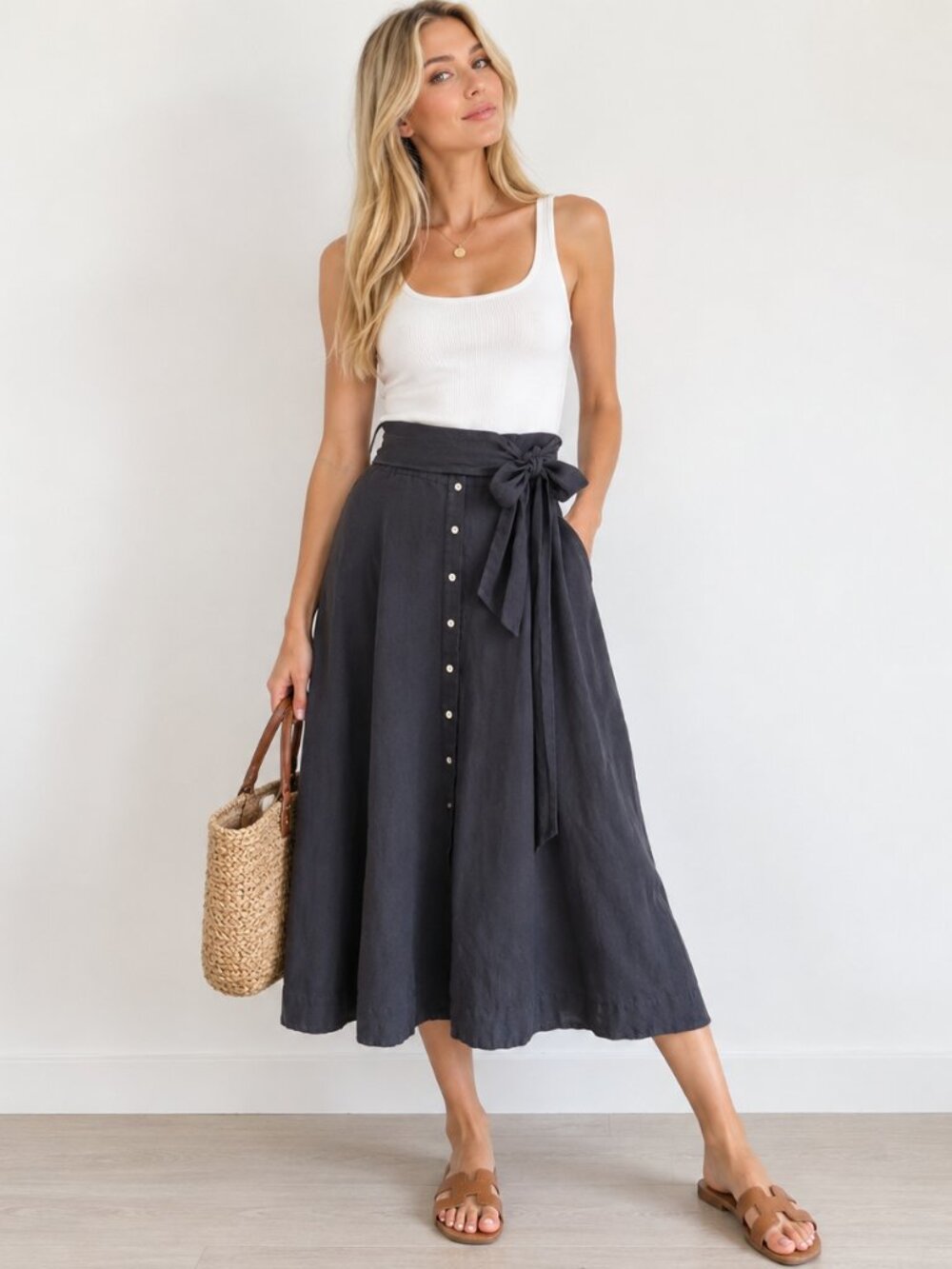 Chan Luu Charcoal Gray Cotton Linen A-Line Midi Skirt Tie Waist Minimalist S